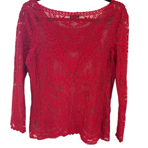 Express Tops - Express Red Lace Mesh Overlay Top Size Small Floral Embroidered Scalloped
